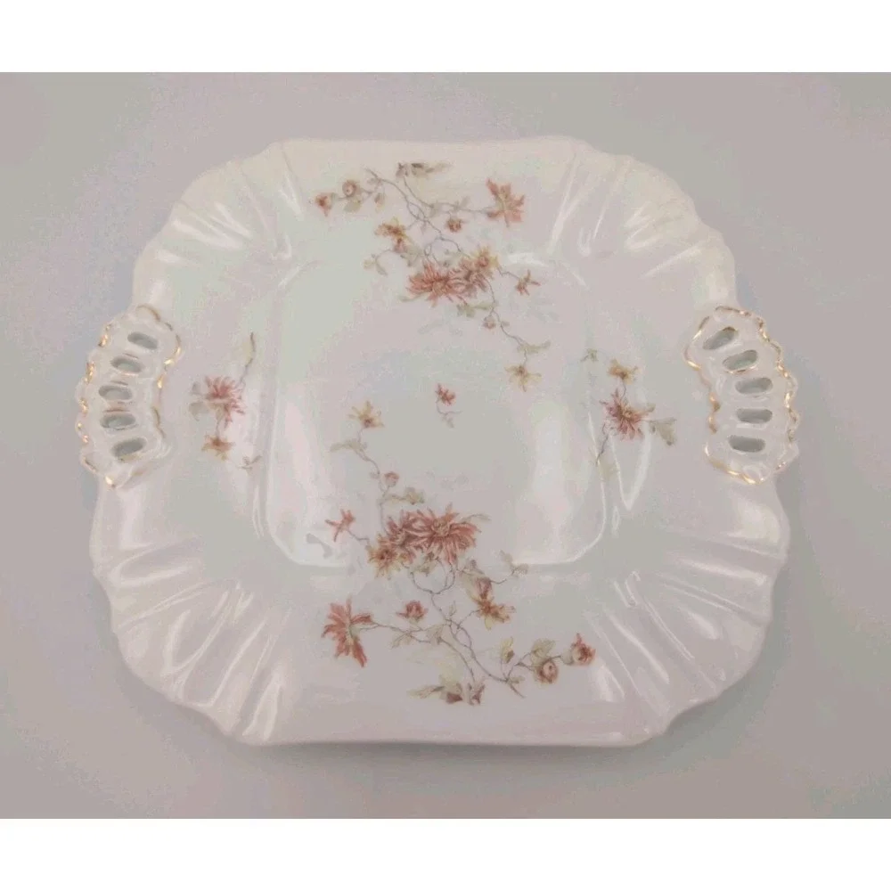 Vintage Leonard Vienna, Austria Porcelain Serving Plate, Floral w Cutout Handles